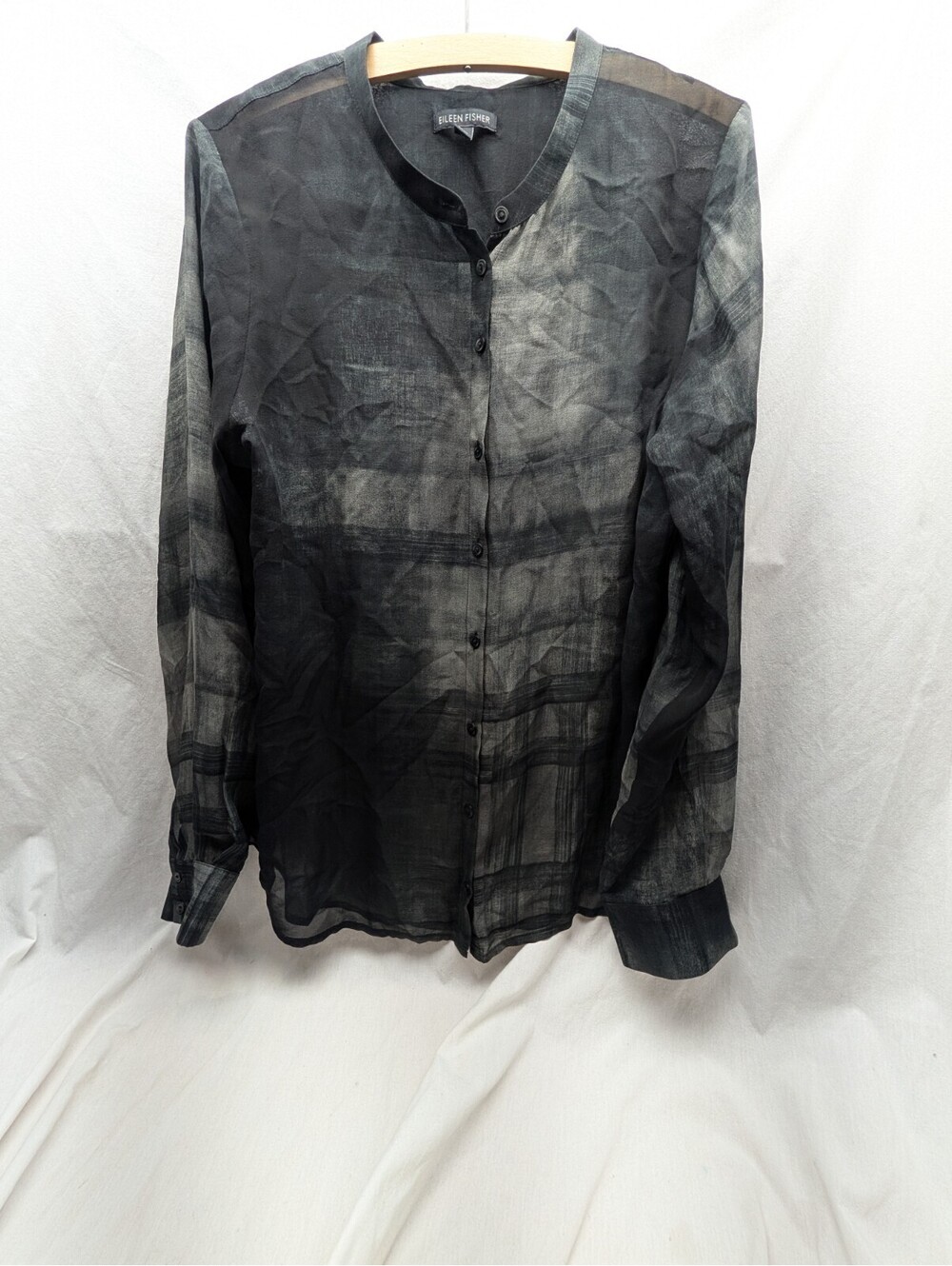 Eileen Fisher Black & Gray Blouse - Size - Soie Sheer Long Sleeved Size Medium